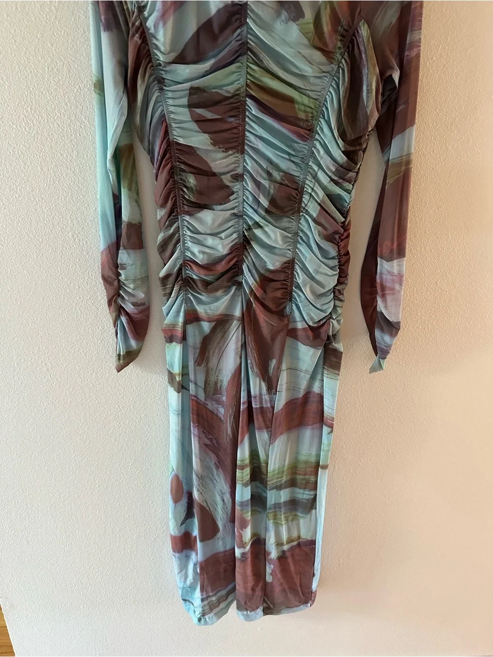 Abstract Anthro Rusched midi long sleeve mock neck dress